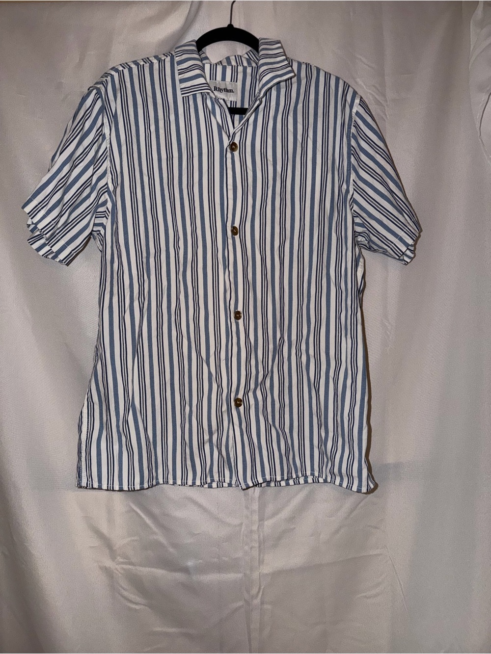 Rhythm. White & Blue Vertical Stripe Short-Sleeve Button-Up